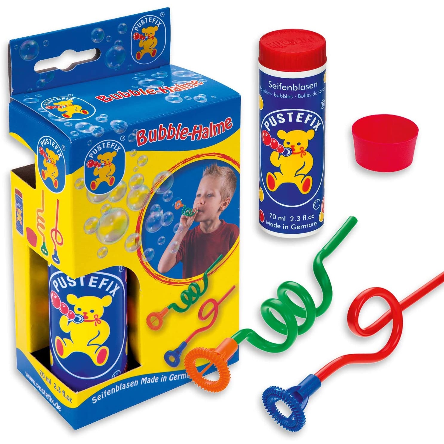 Set baloane de sapun Pustefix cu 2 paie ondulate, tavita si tub cu 70 ml de solutie