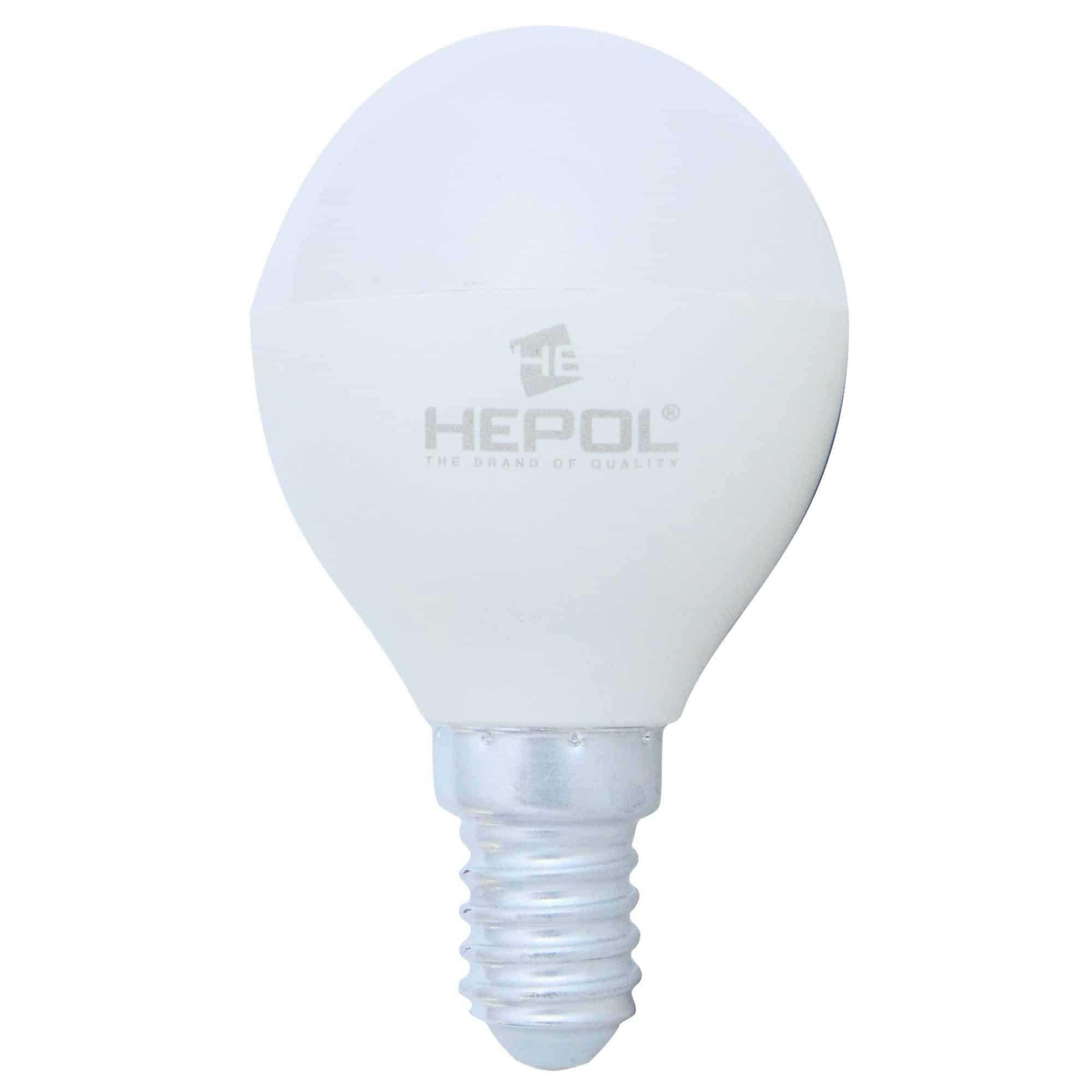 Bec LED HEPOL, forma sferic, E14, 8W, 25000 ore, lumina calda