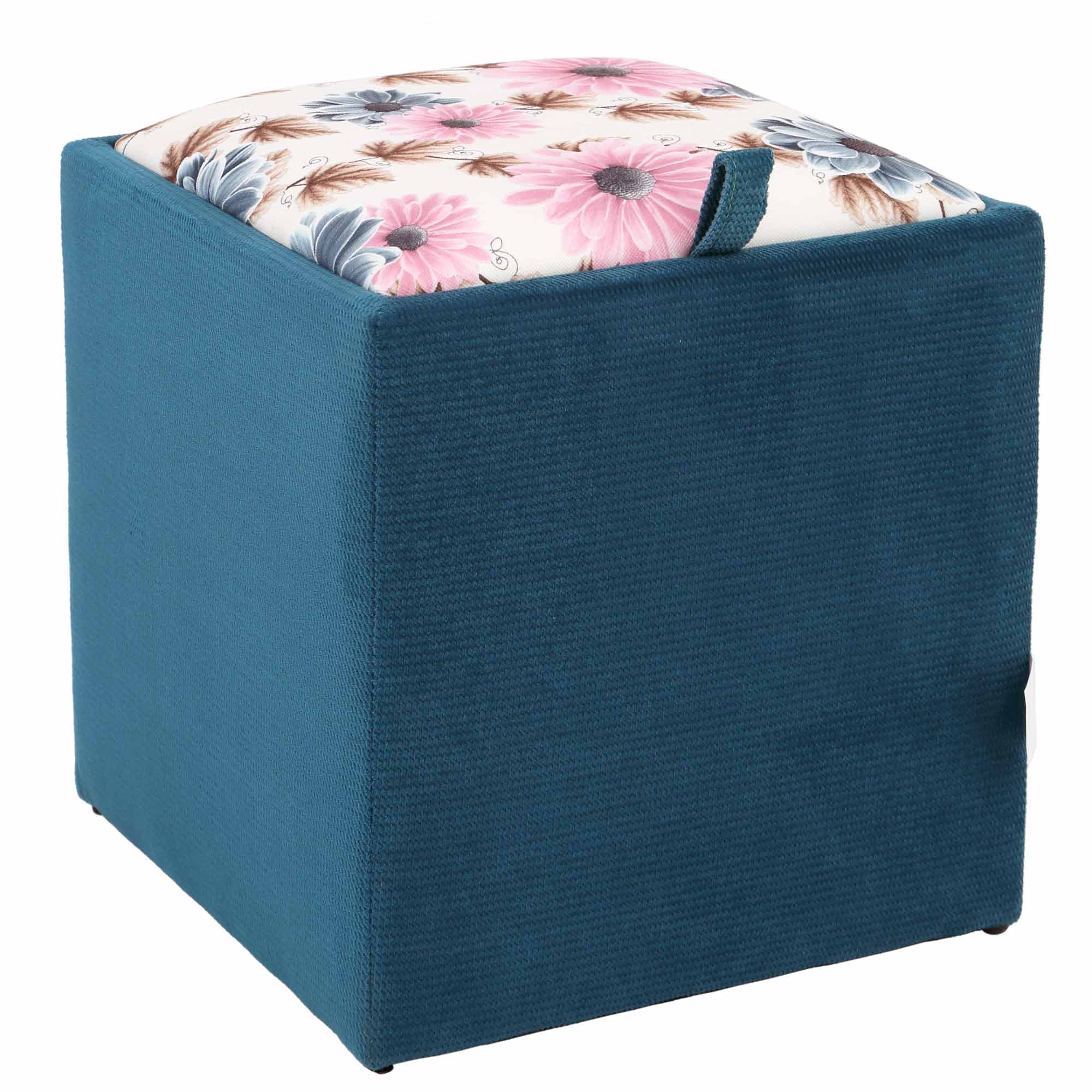 Taburet Box bicolor, stofa Diamond Turcoaz/Floral Turcoaz 37x37x41