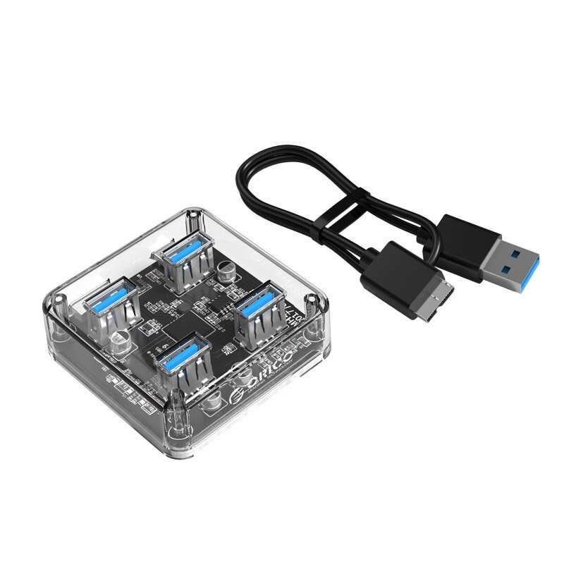Hub transparent Orico 4x USB 3.0, cablu microUSB 3.0 1m inclus