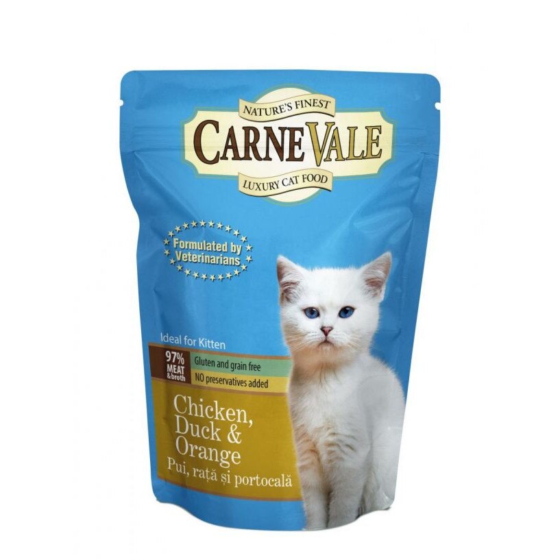 Hrana umeda pentru pui de pisica Carnevale Plic Pui/Rata/Portocala 85 g