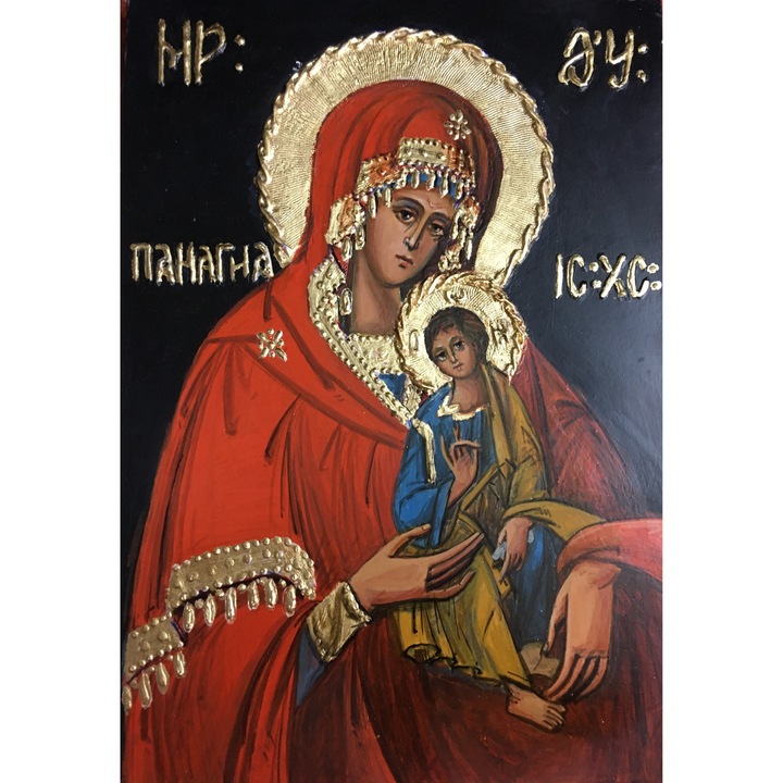 Kézzel készített ikon, stukkóval díszített, aranyutánzattal csiszolt: Istenanya, 34x24x1 cm