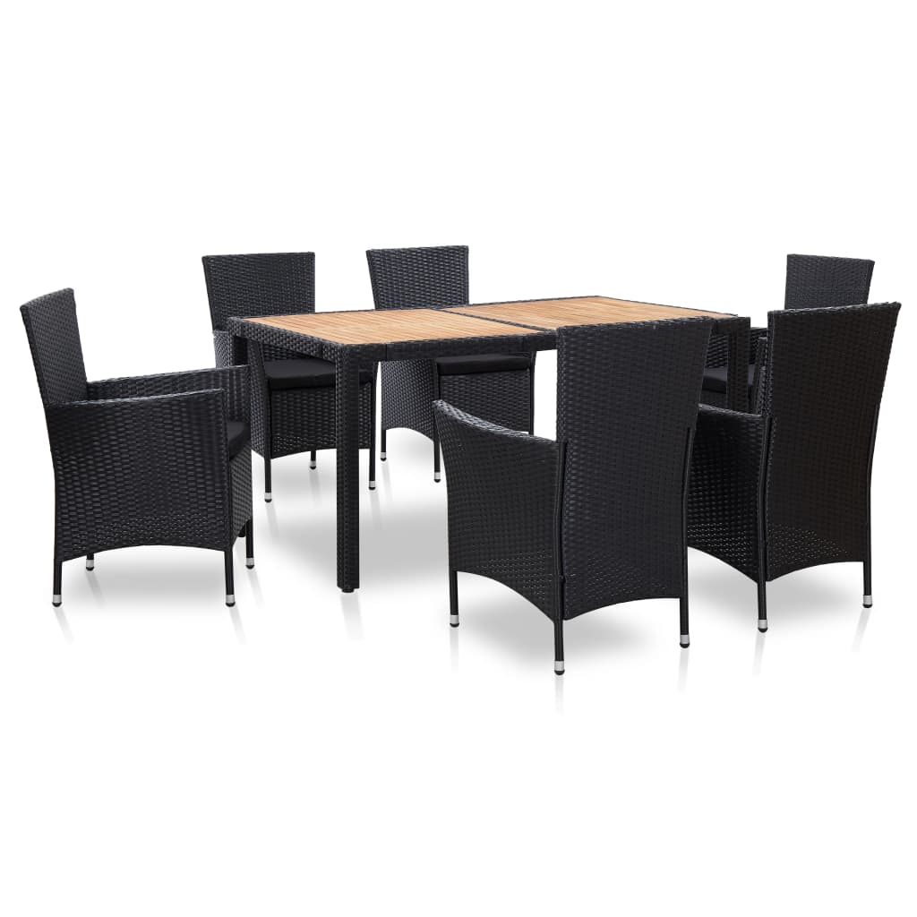 Set mobila gradina cu 7 piese vidaXL, Ratan si lemn de acacia, 150 x 90 x 75 cm Negru