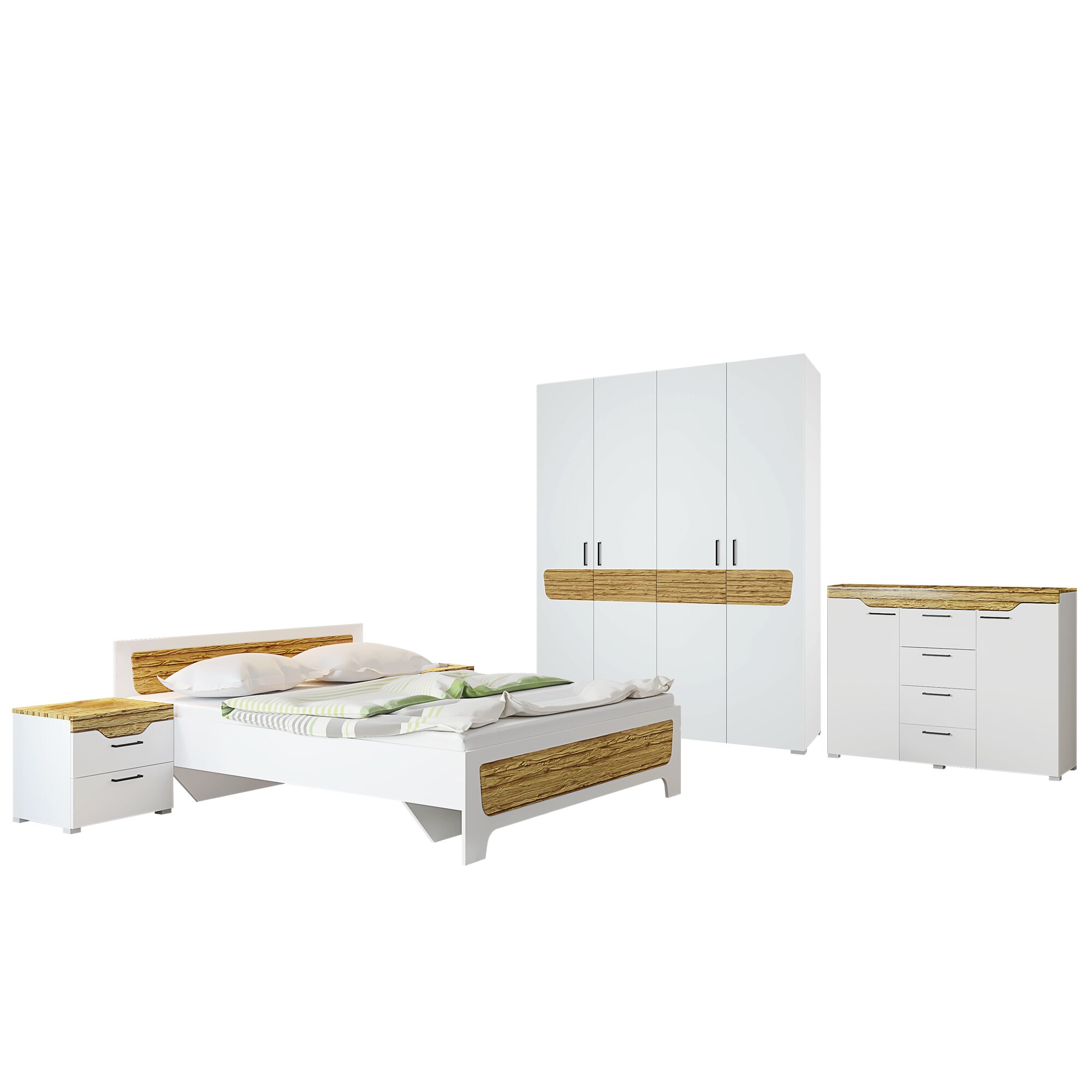 Set Dormitor MILANA cu dulap 4 usi, comoda, pat si noptiere, Alb