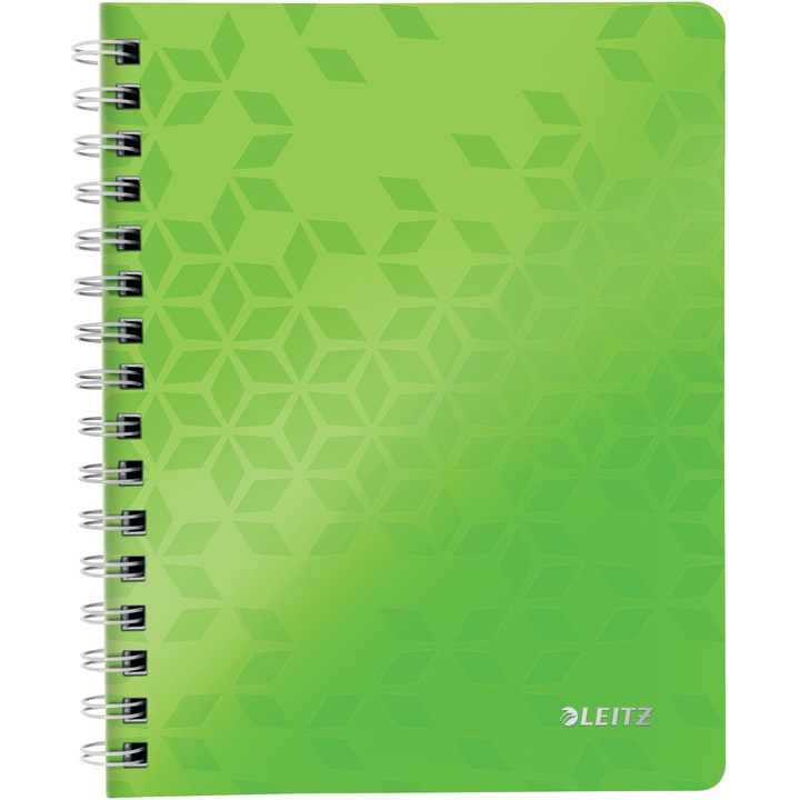 Caiet de birou Leitz WOW, PP, certificare FSC, reciclabil, A5, 80 coli, cu spira, matematica, verde