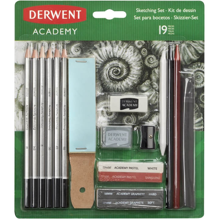 Set 6 Creioane Grafit Derwent Academy™, complet pentru schite, contine si ascutitoare, guma sters, blocuri grafit, pasteluri, bete de carbune de salcie, bloc de smirghel pentru crearea de praf si ascutire creioane