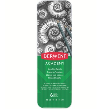 Set 6 creioane Grafit 3B-2H Derwent Academy™, cutie metalica Set 6 creioane Grafit 3B-2H Derwent Academy™, cutie metalica