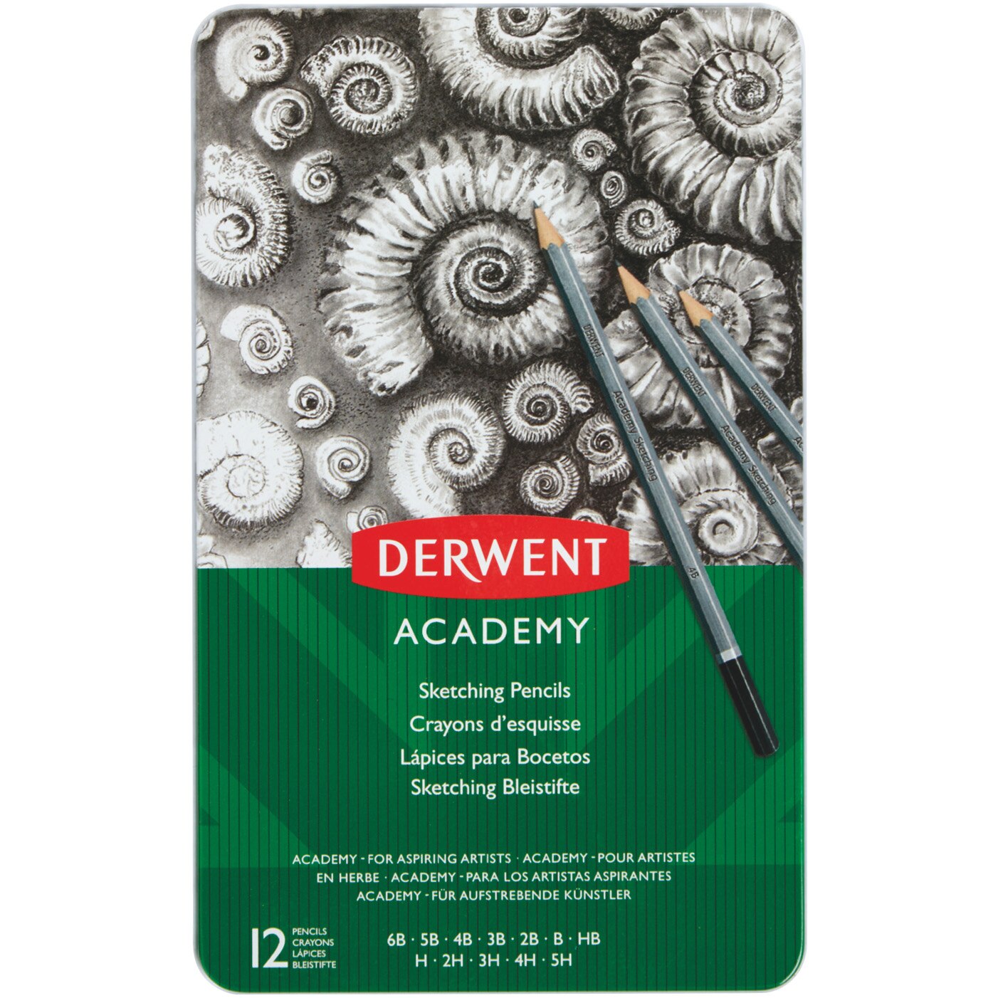Set 12 creioane Grafit 6B-5H Derwent Academy™, cutie metalica, calitate superioara