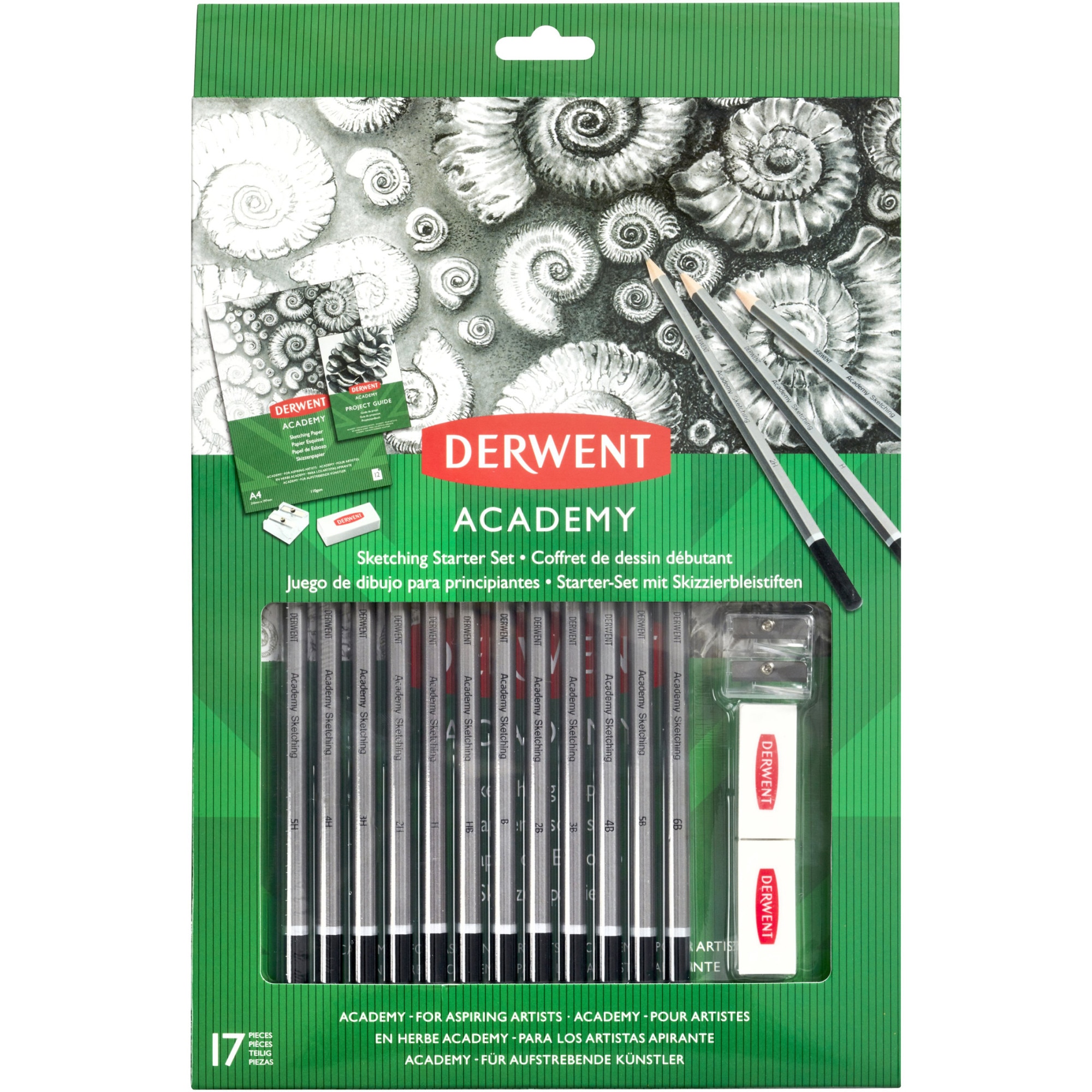 Set 12 creioane Grafit Derwent Academy™, calitate superioara 6B-5H, pentru artiști aspiranti, contine si ascutitoare, guma sters, ghid proiect și 12 coli hartie
