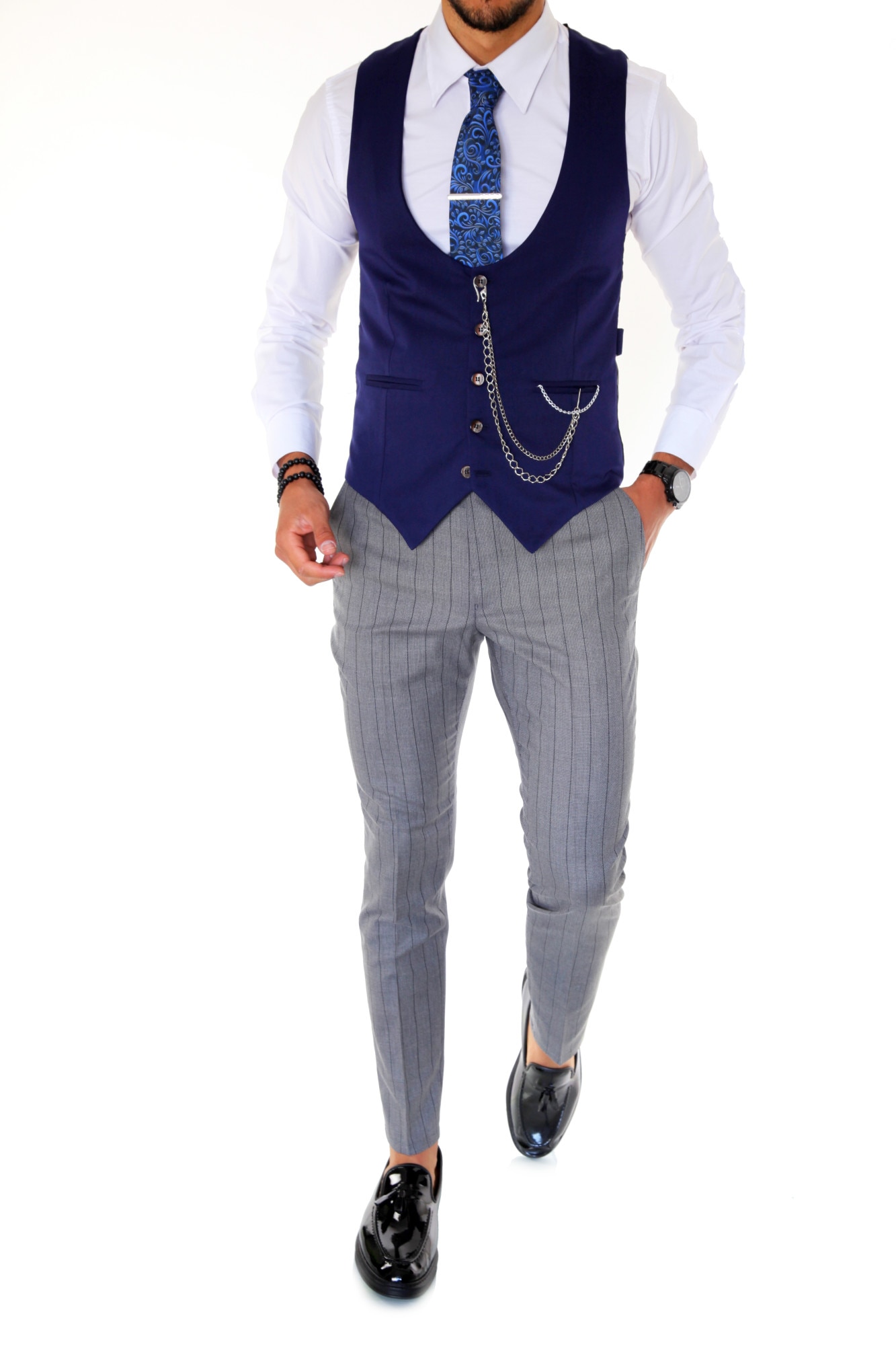 Costum B1653, pentru barbati, elegant, slim fit, vesta, pantaloni, gri, XL