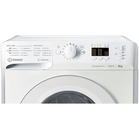 Masina de spalat rufe Indesit MTWA81283WEE, 8kg, 1200 RPM, Clasa D, Motor Inverter, MyTime, Fast Cycles, Display LED+, Alb