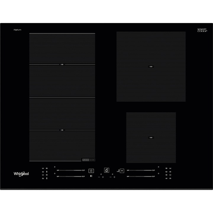 Plita incorporabila Whirlpool WFS9365BFIXL, Inductie, 4 zone de gatit, 6th Sense, iXelium, FlexiSide, PowerManagement, 65 cm, Sticla neagra