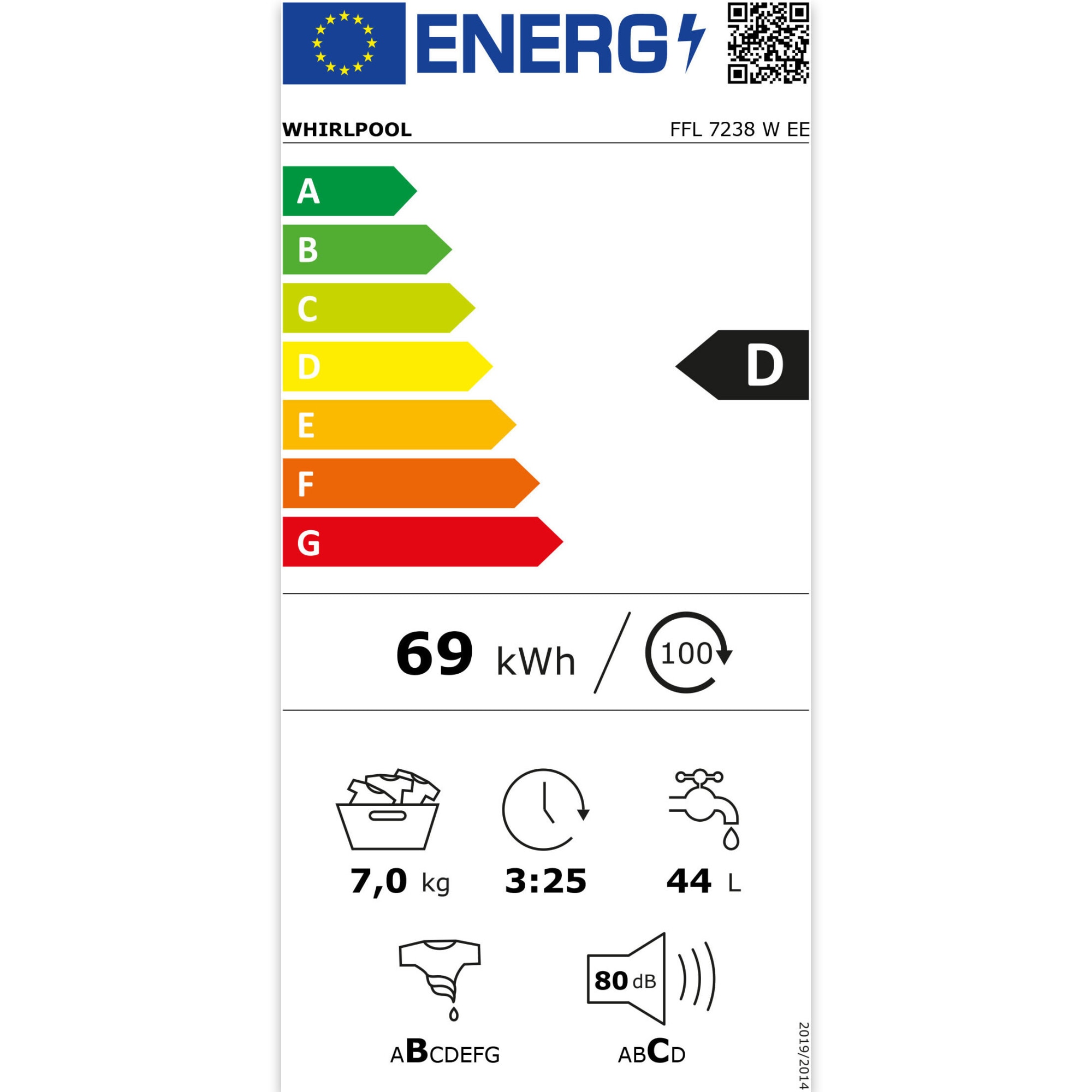 Masina de spalat rufe Whirlpool FFL7238WEE, 7kg, 1200 RPM, Clasa D, Tehnologia al 6-lea Simt, Motor Inverter, FreshCare, Alb