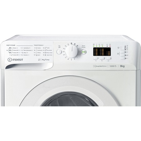 Masina de spalat rufe Indesit MTWA91283WEE, 9kg, 1200 RPM, Clasa D, Motor Inverter, Display LED+, MyTime, Fast Cycles, Alb