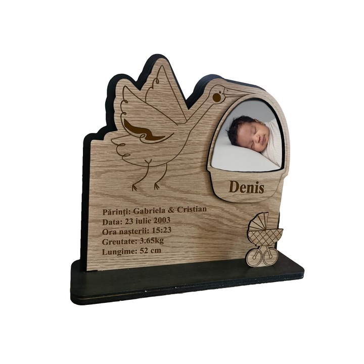 Rama foto din lemn personalizata pt. nou nascuti model barza, Euxin Exim Company