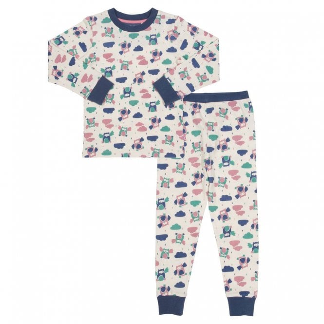 Pijama cu maneci lungi pentru fetite, bumbac organic, imprimeu bufnite