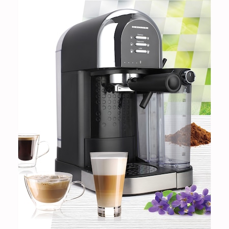 Еспресо машина Heinner Coffee Dreamer HEM-DL1470BK, 1230-1470W, 20bar, Ръчна капучино система, Подвижен резервоар за мляко 500 мл, Резервоар за вода 1.7 л, 6 вида напитки, Черен