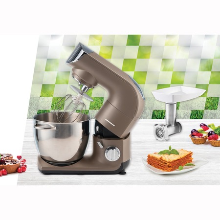 Robot de bucatarie Heinner Calypso 1500 HPM-L1500DC, 1500W, bol inox 5.5L, 6 viteze + Pulse, angrenaje metalice, tel din inox, paleta si carlig din aluminiu turnat, accesoriu masina de tocat inclus, iesire pentru accesoriu blender, Auriu