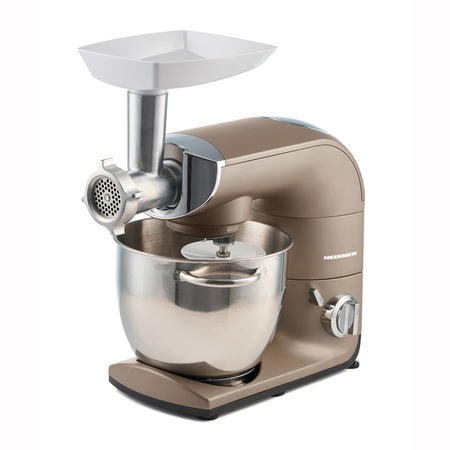 Robot de bucatarie Heinner Calypso 1500 HPM-L1500DC, 1500W, bol inox 5.5L, 6 viteze + Pulse, angrenaje metalice, tel din inox, paleta si carlig din aluminiu turnat, accesoriu masina de tocat inclus, iesire pentru accesoriu blender, Auriu