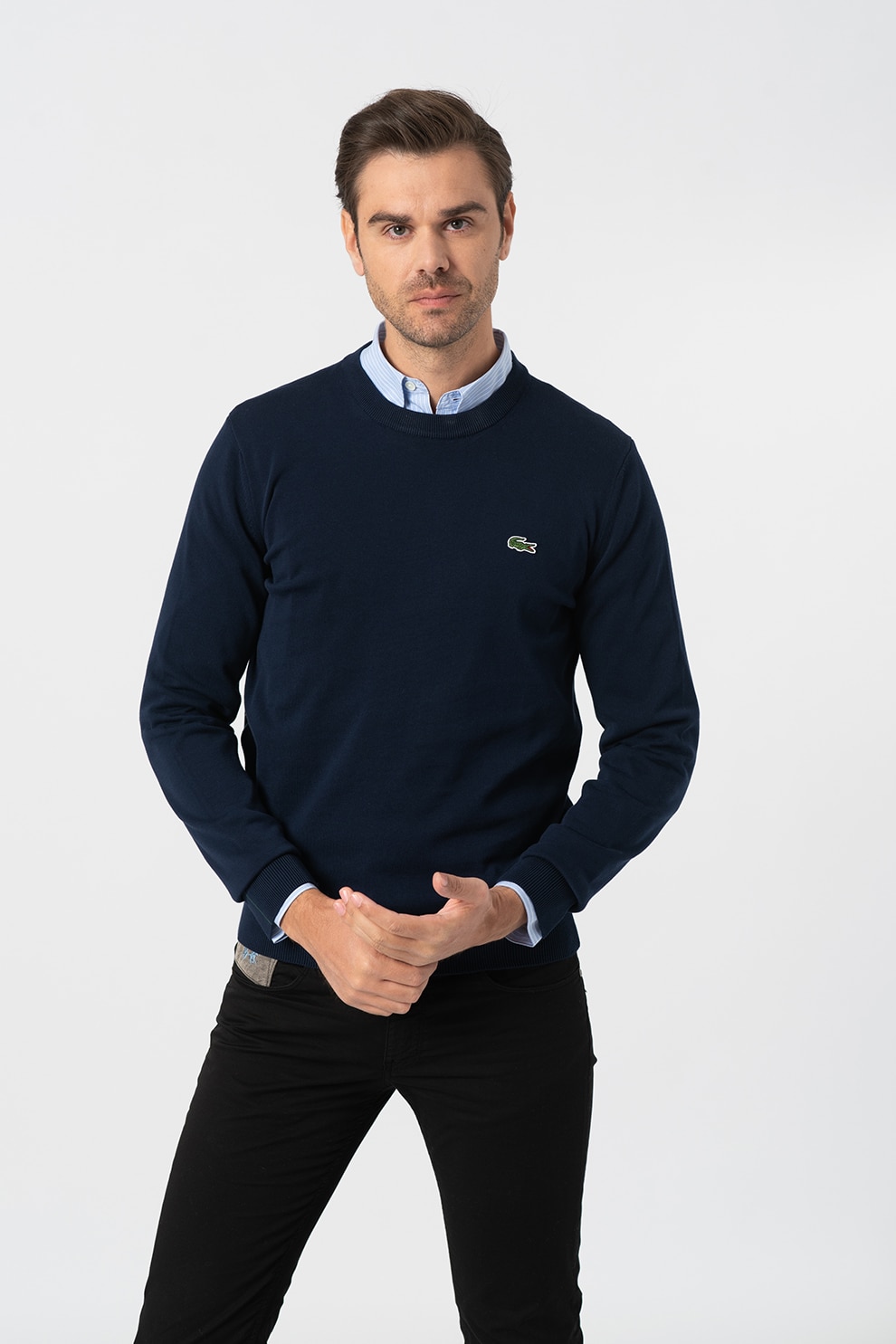 Lacoste, Pulover de bumbac organic cu decolteu la baza gatului, Bleumarin