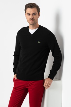 Lacoste, Pulover regular fit din bumbac organic cu decolteu in V, Negru Lacoste, Pulover regular fit din bumbac organic cu decolteu in V, Negru