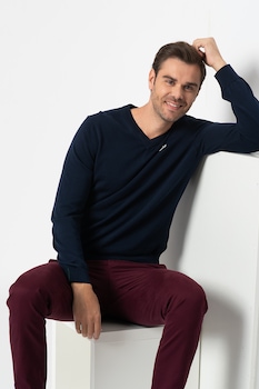 Lacoste, Pulover regular fit din bumbac organic cu decolteu in V, Bleumarin Lacoste, Pulover regular fit din bumbac organic cu decolteu in V, Bleumarin