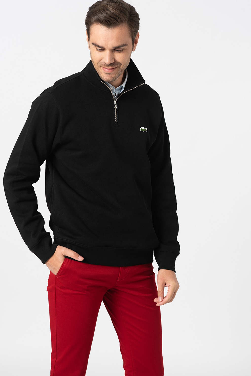 Lacoste, Bluza sport cu fenta cu fermoar, Black