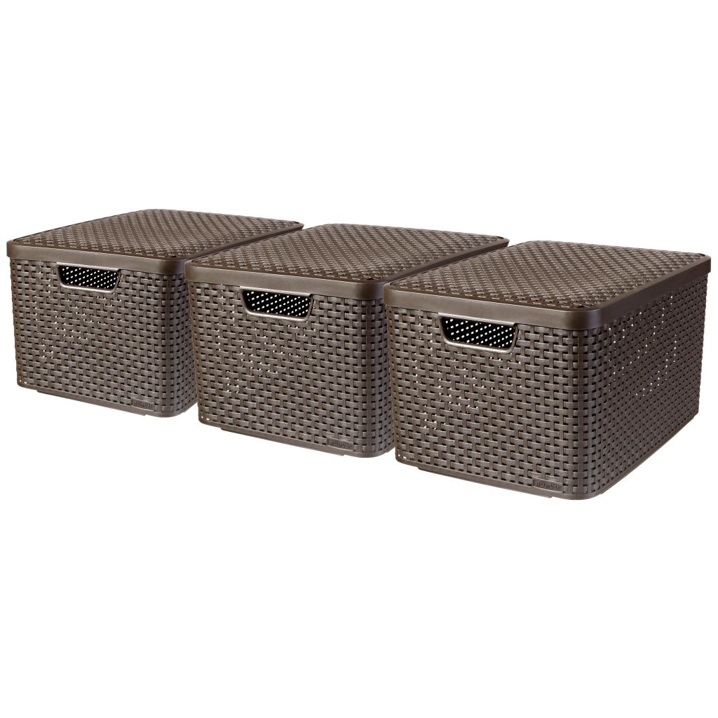 Set de 3 lazi de depozitare cu capac marimea L, Curver, Polipropilena, 45 x 33 x 25 cm, Maro