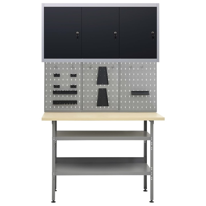 Работна маса с три стенни панела и един шкаф vidaXL, 120 x 60 x 85 см, Сив, 41.7 Kg