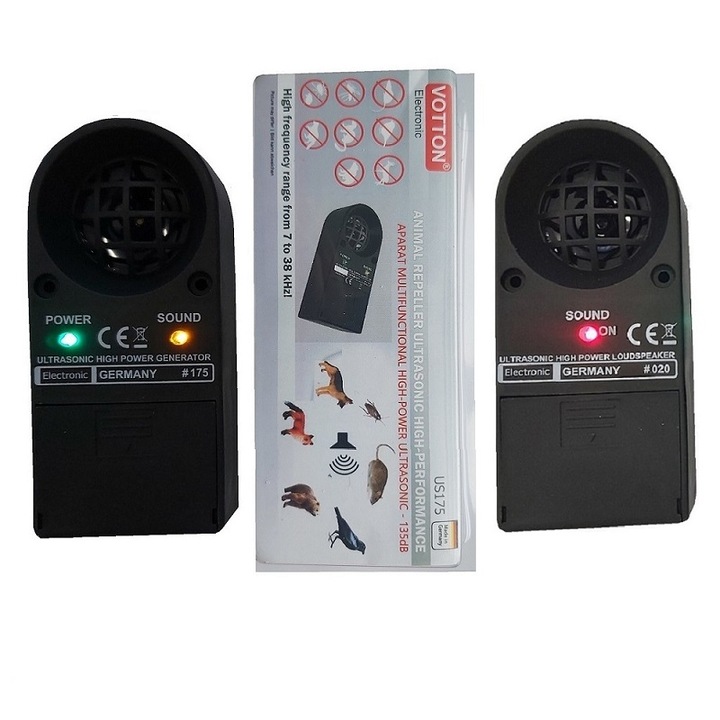 Многофункционално ултразвуково устройство срещу плъхове, мишки, кучета, диви животни, птици, насекоми, Votton US175-SP01, Професионално, Промишлено