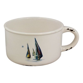 Oala cu maner Sea Club, dolomita, model marin cu barci, H 8 cm Oala cu maner Sea Club, dolomita, model marin cu barci, H 8 cm