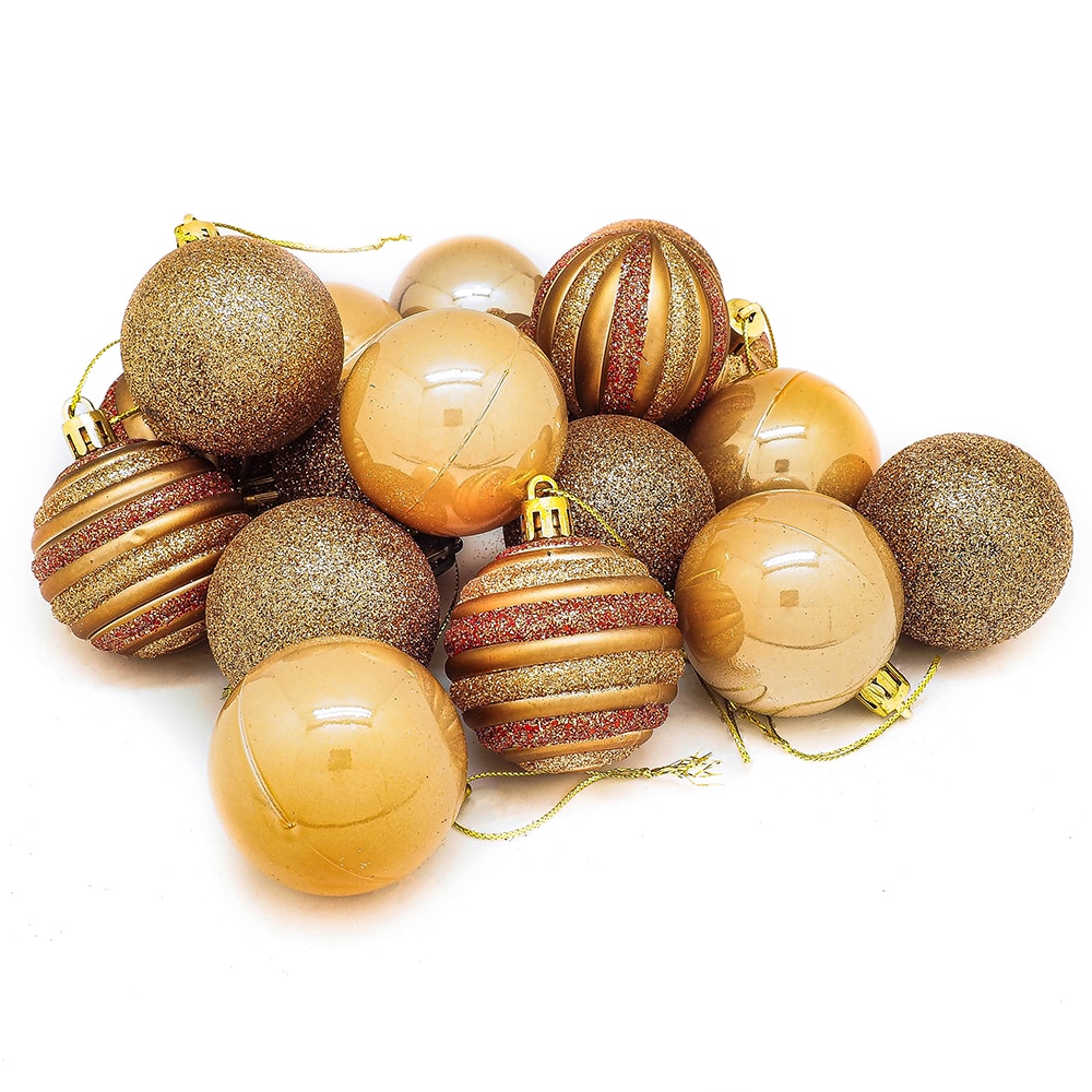 Set mixt 18 globuri, diametru 5 cm, lucioase, gliterate, striate, auriu, Holly