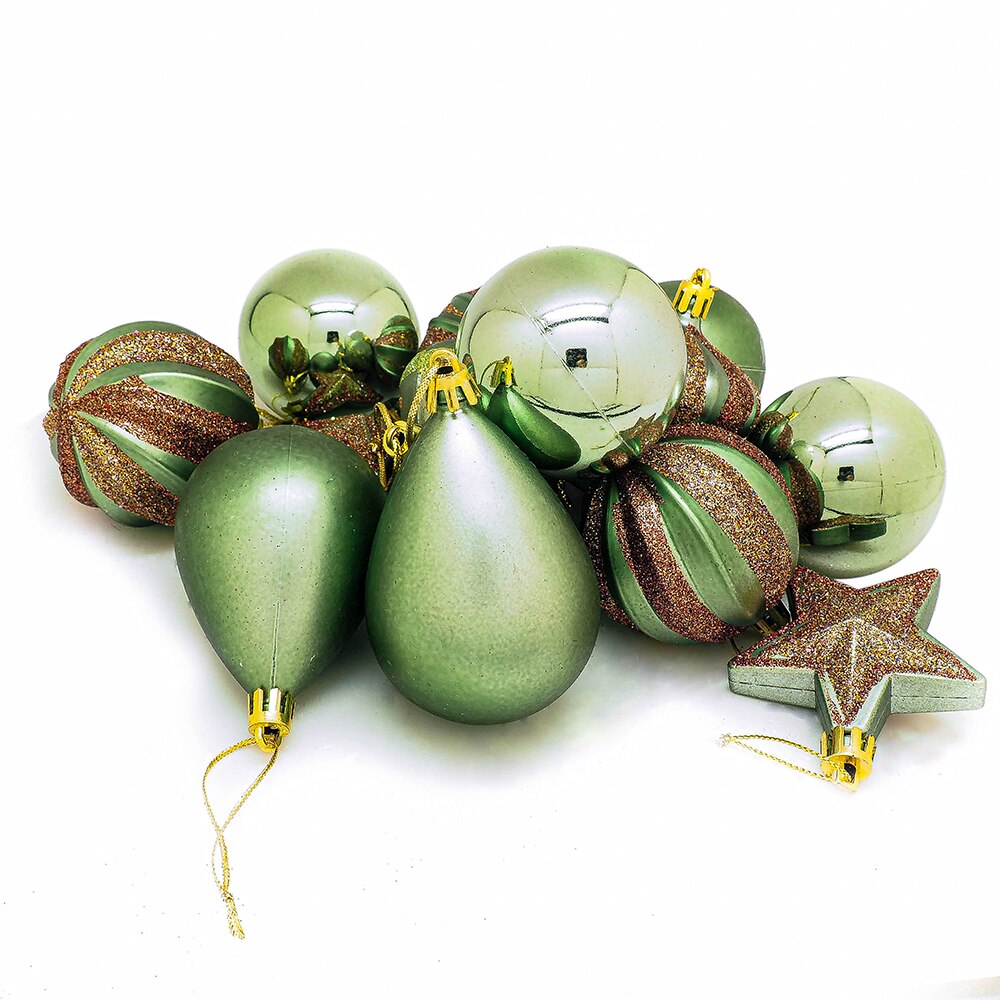 Set mixt 14 globuri gliterate, peacock green, verde/bej Holly