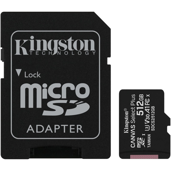 Card de memorie Kingston Canvas Select Plus, MicroSD, 512GB, Class 10, UHS-I Performance, U1, V30 + Adaptor