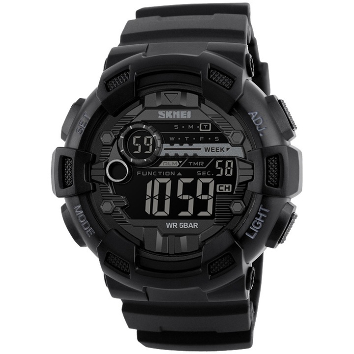Мъжки часовник SKMEI, Цифров, Спортен модел, Водоустойчив, Многофункционален, LED екран, Черен