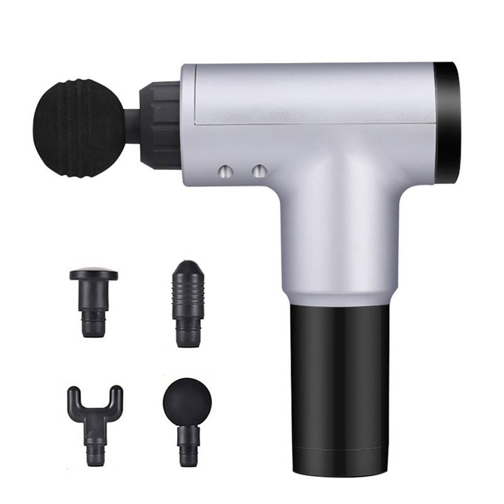 Професионален уред за масаж, Тип пистолет-масажор, С 4 сменяеми глави, 6 предавки, Спортни упражнения, Сребрист