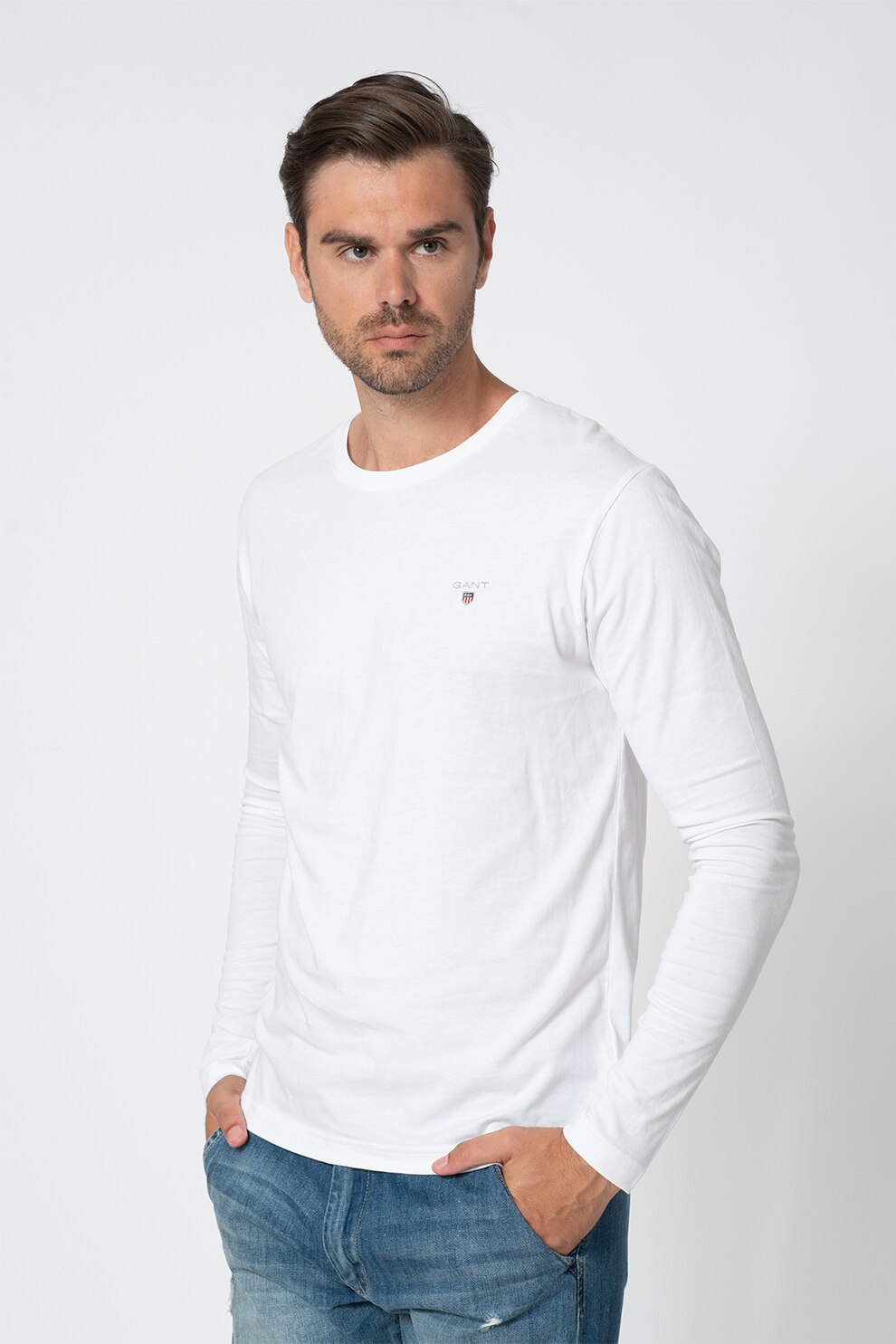 Gant, Bluza cu decolteu la baza gatului si logo brodat, Alb, 2XL