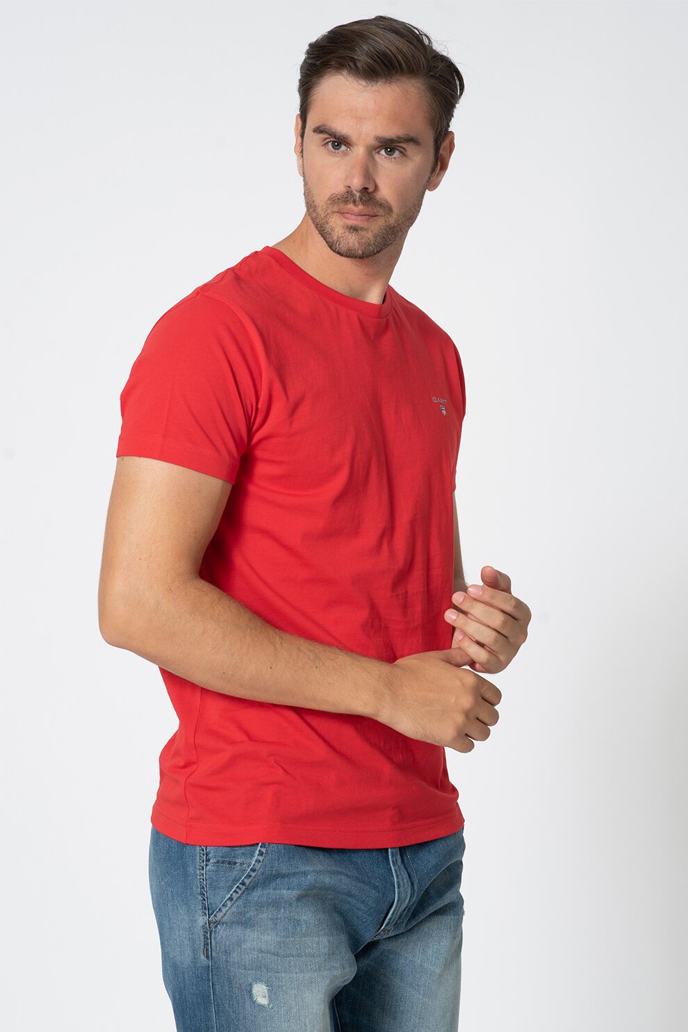 Gant, Tricou cu decolteu la baza gatului si logo brodat, Rosu