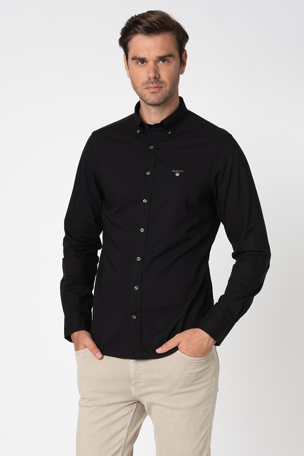 Gant, Camasa slim fit cu logo brodat, Negru