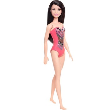 Papusa Barbie bruneta, la paja in costum de baie multicolor cu imprimeu, 30 cm, 3 ani+ Papusa Barbie bruneta, la paja in costum de baie multicolor cu imprimeu, 30 cm, 3 ani+