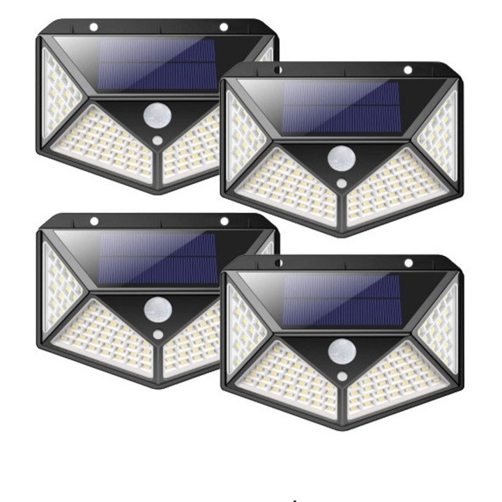 OEM Kültéri napelemes lámpa készlet mozgásérzékelővel, 4 db, 100 db LED, 270°, Négyoldalas világítás, Vízálló