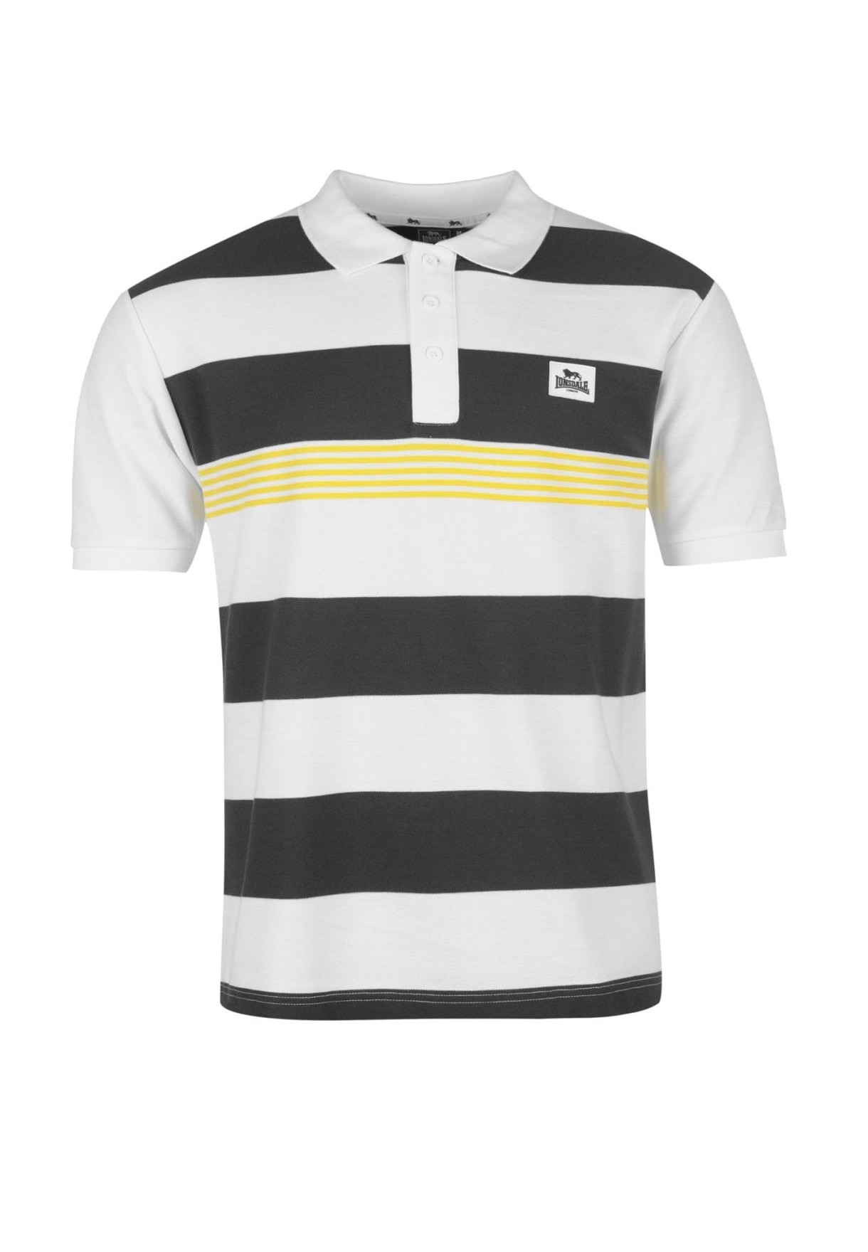 Tricou polo pentru barbati, Lonsdale, Bumbac, Model in dungi, Alb/Negru, XL, Alb/Negru/Galben, XL
