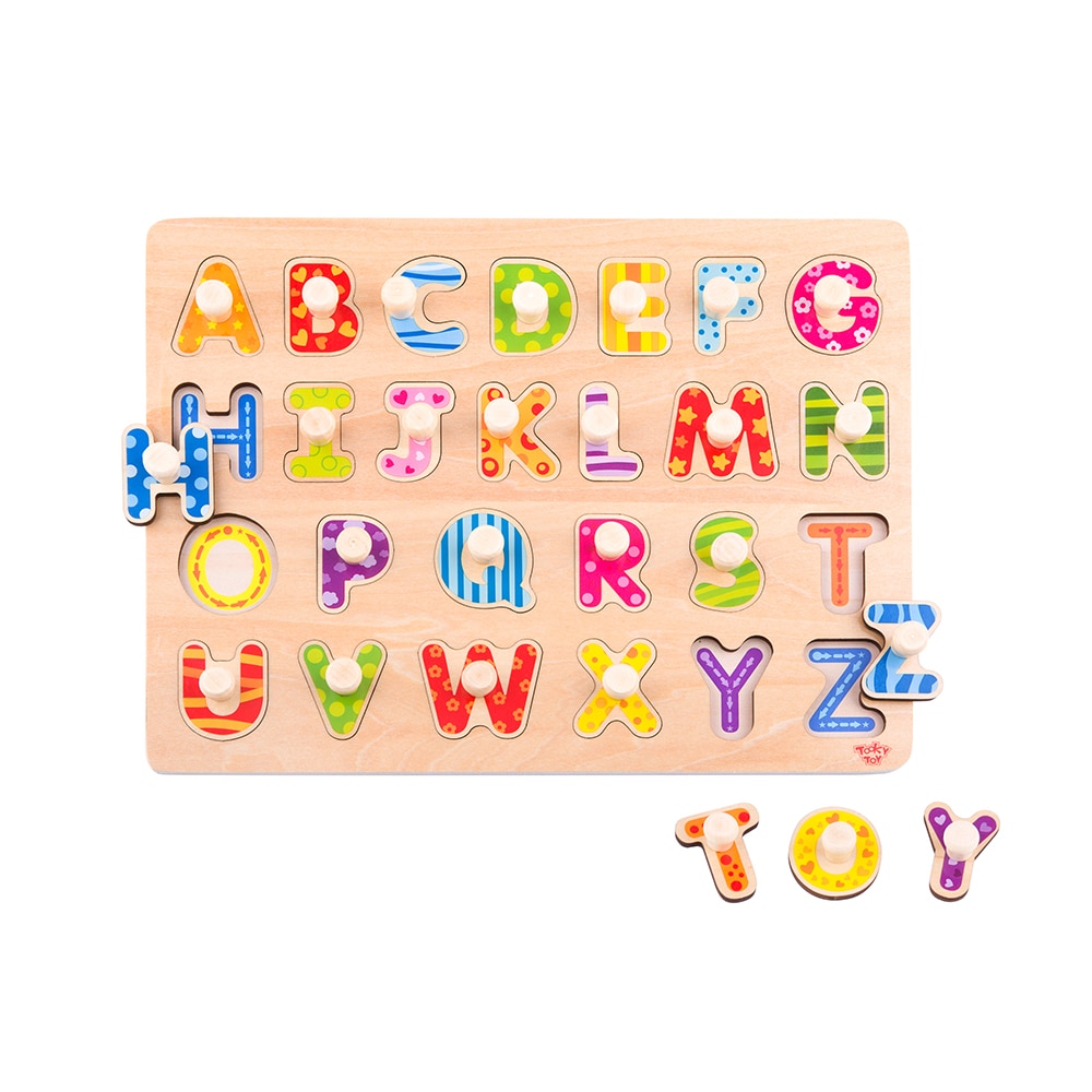 Puzzle 3D din lemn masiv NOVOKIDS™ Wooden Happy Alphabet, 26 piese, Cu literele alfabetului, Materiale Eco, Multicolor