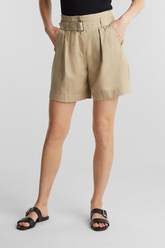 Esprit, Pantaloni scurti din bumbac organic cu talie inalta si curea, Maro camel Esprit, Pantaloni scurti din bumbac organic cu talie inalta si curea, Maro camel