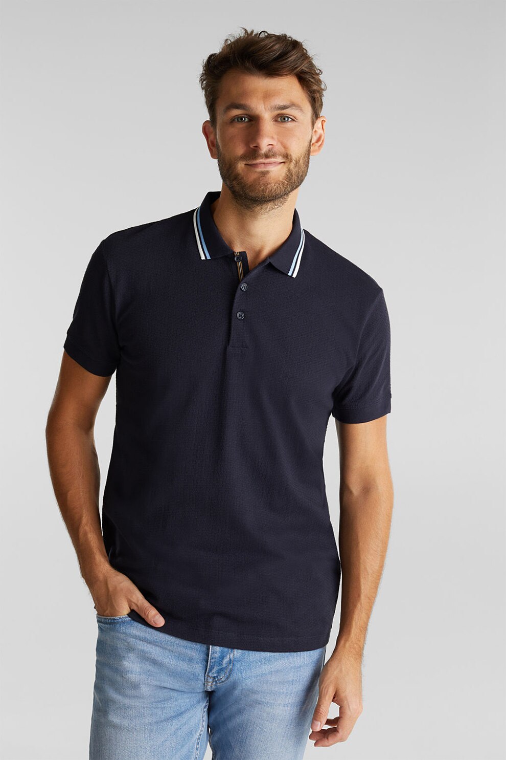 Esprit, Tricou polo de bumbac organic, cu aspetc texturat, bleumarin inchis, alb, S