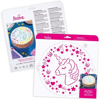 Sablon pentru decorarea deserturilor, unicorn cu stelute, Transparent, 25 x 9,84 cm, Decora Sablon pentru decorarea deserturilor, unicorn cu stelute, Transparent, 25 x 9,84 cm, Decora