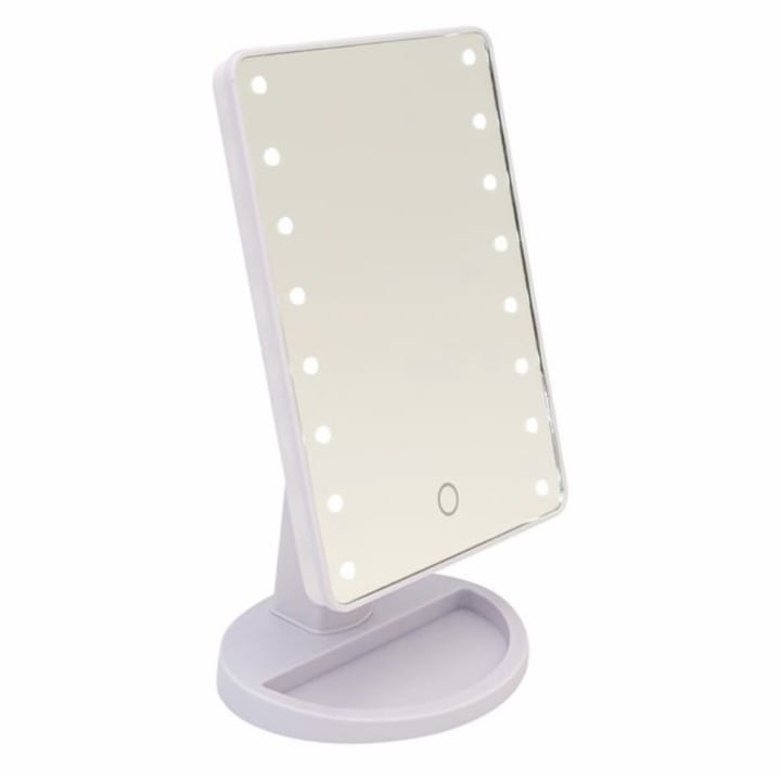Oglinda de make-up profesionala cu 16 lumini Led, se regleaza luminozitatea, ATS , din plastic alb, are un loc pentru farduri