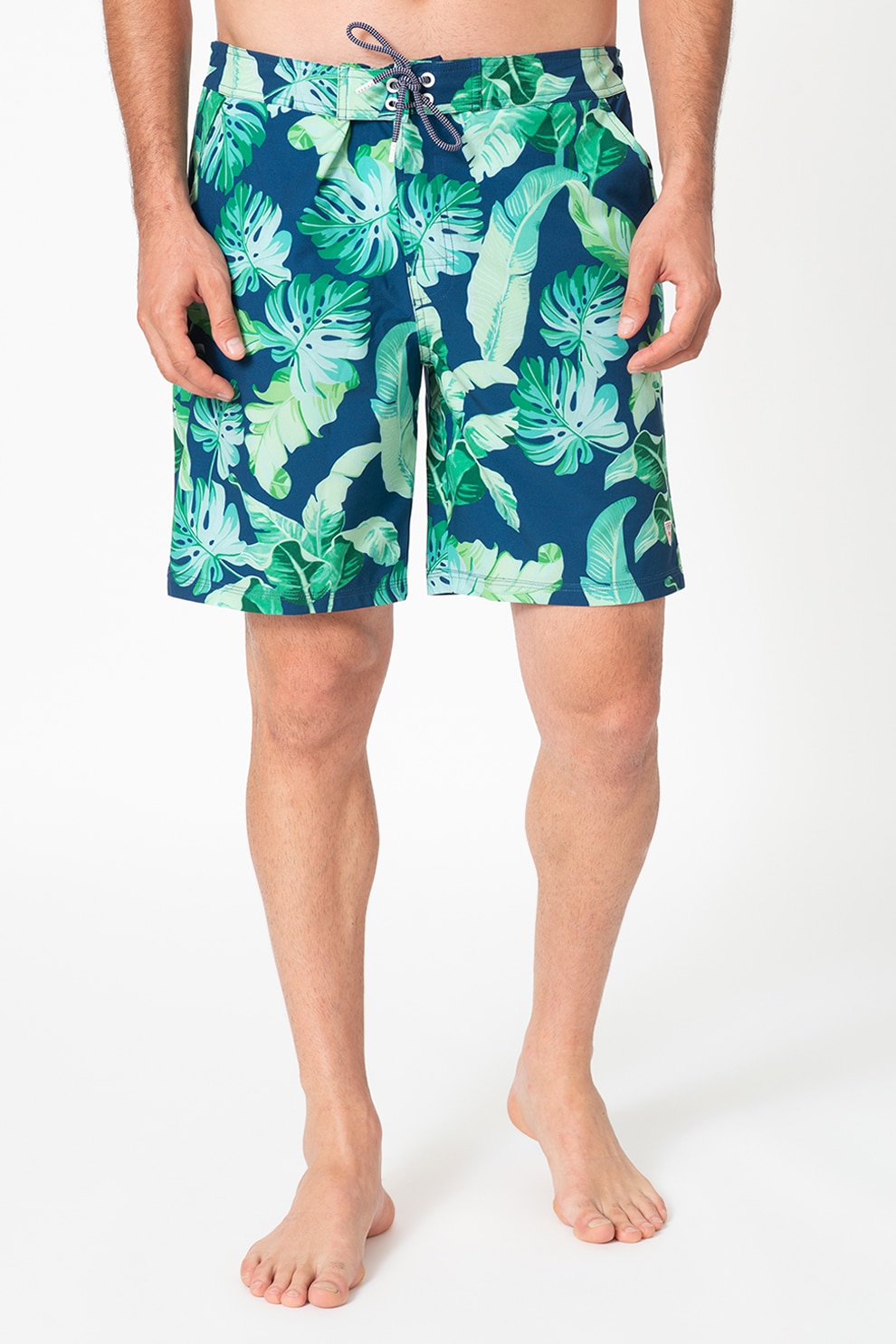 Guess, Bermude de baie cu model tropical, Albastru/Verde, L