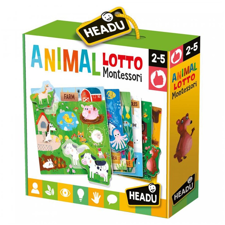 Пъзел Headu Montessori - Да поставим животните, 6 картонени подложки, 30 форми