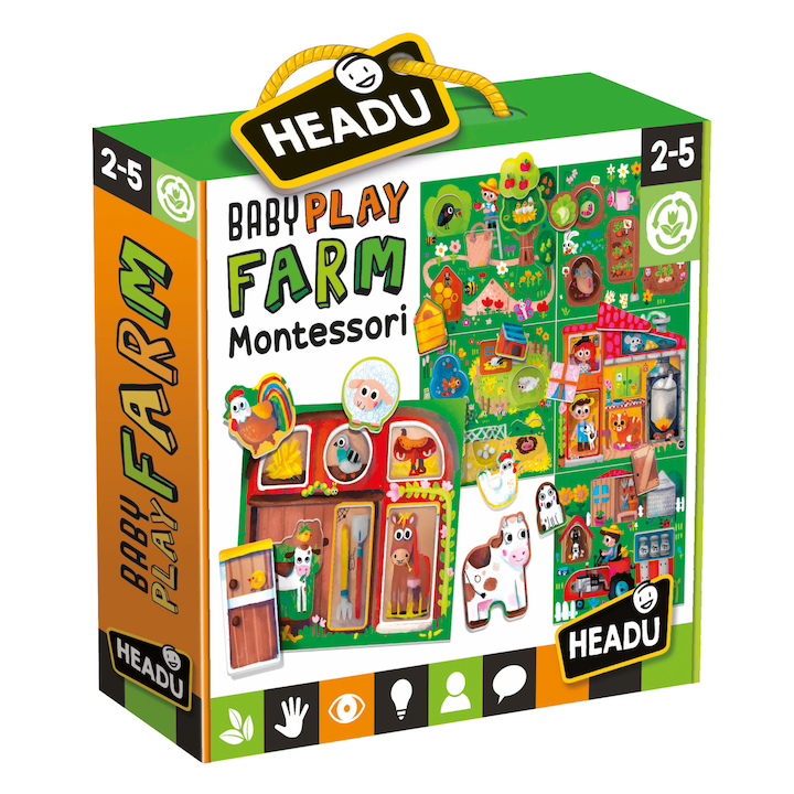 Пъзел Headu Montessori - Фермата, 6 картонени подложки, 36 форми